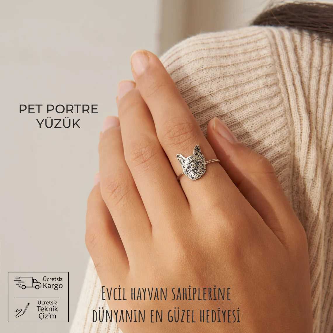 Kişiye Özel 925 Ayar Gümüş Pet Portre Yüzük