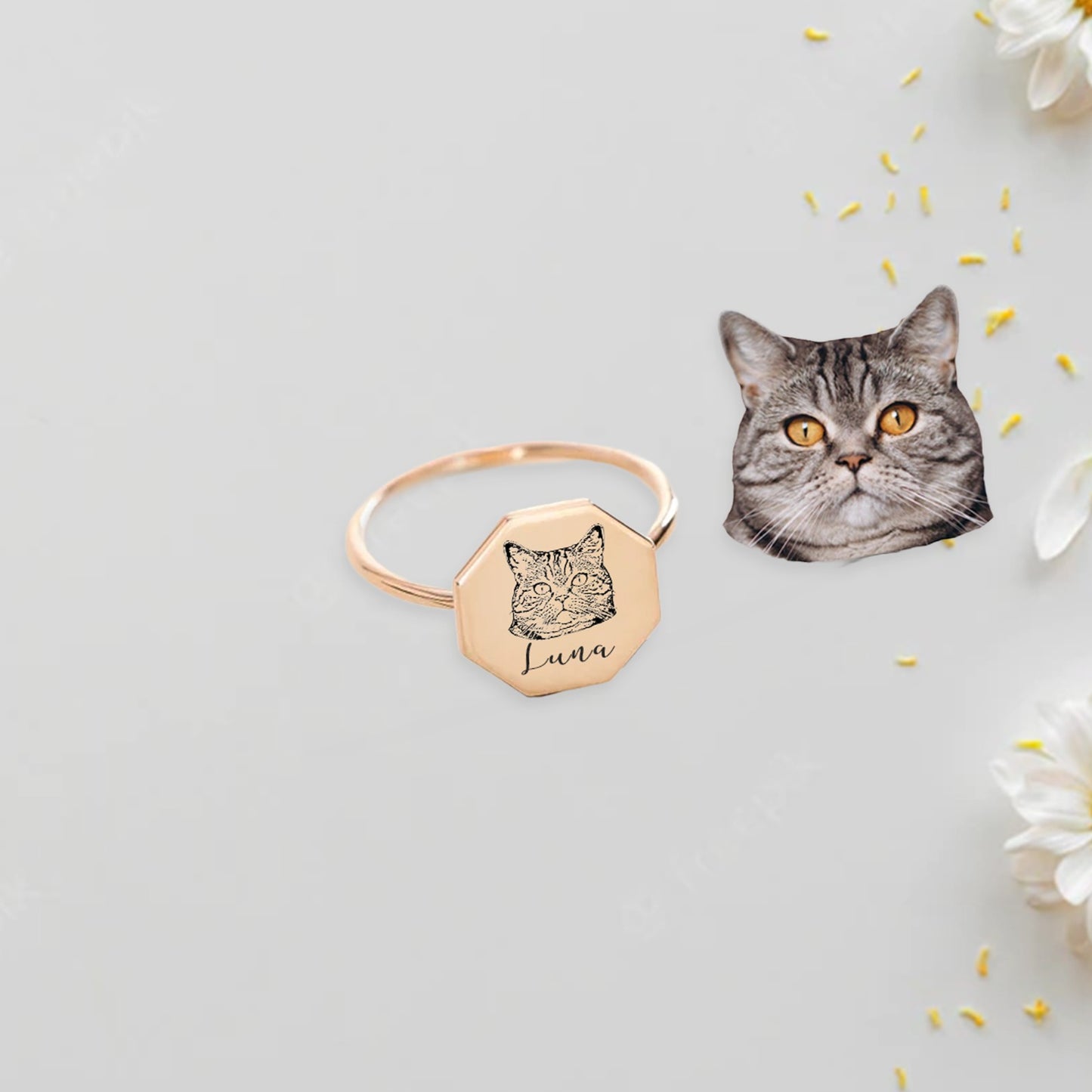 Kişiye Özel 925 Ayar Gümüş Pet Portre Sekizgen Yüzük