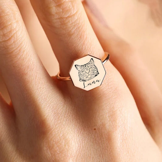 Kişiye Özel 925 Ayar Gümüş Pet Portre Sekizgen Yüzük