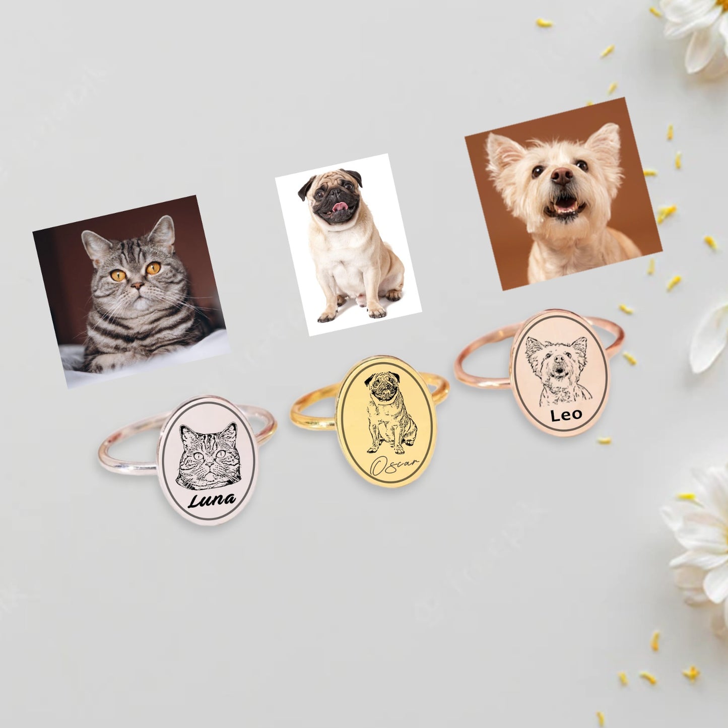 Kişiye Özel 925 Ayar Gümüş Pet Portre Oval Desenli Yüzük