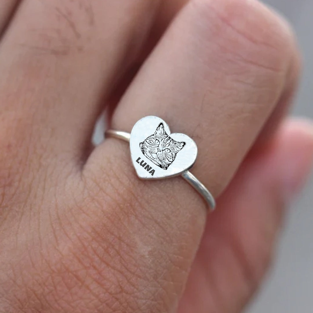 Kişiye Özel 925 Ayar Gümüş Pet Portre Kalp Yüzük
