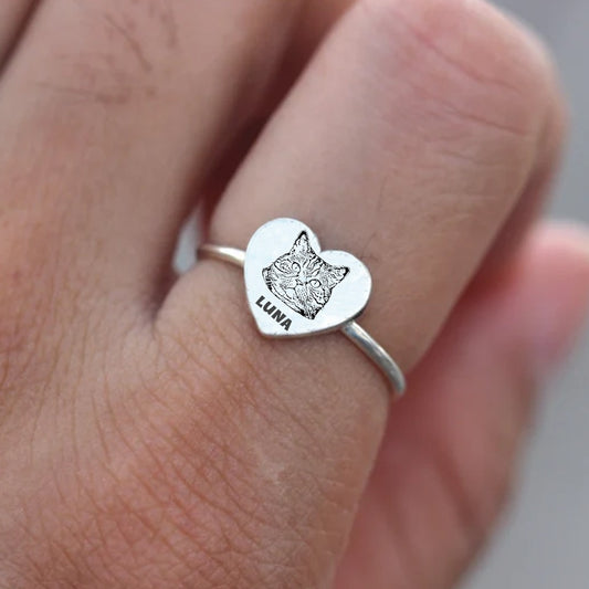 Kişiye Özel 925 Ayar Gümüş Pet Portre Kalp Yüzük