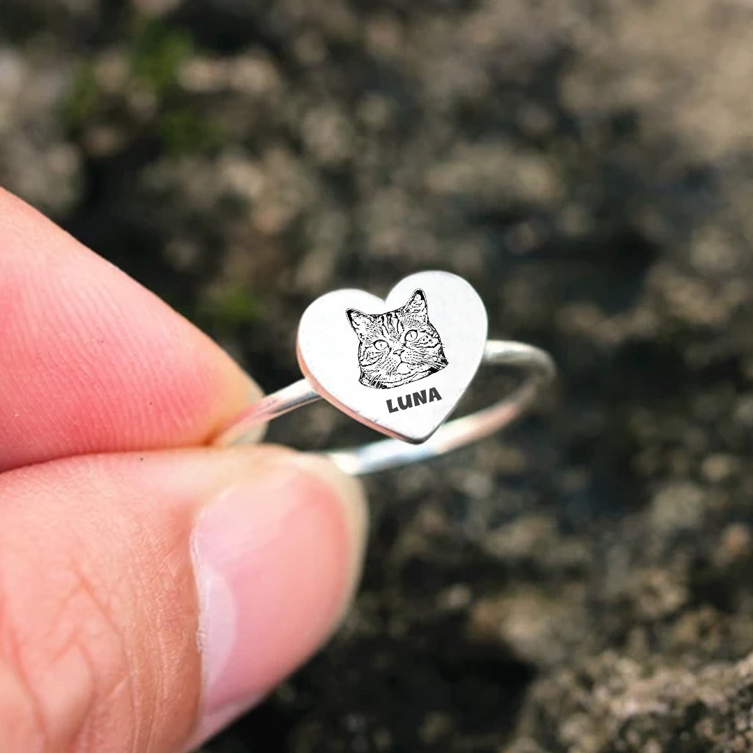Kişiye Özel 925 Ayar Gümüş Pet Portre Kalp Yüzük