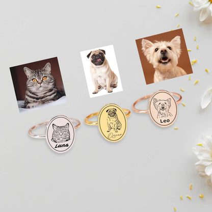Kişiye Özel 925 Ayar Gümüş Pet Portre Oval Desenli Yüzük-petjew-kisiye-ozel-hatira-takilari