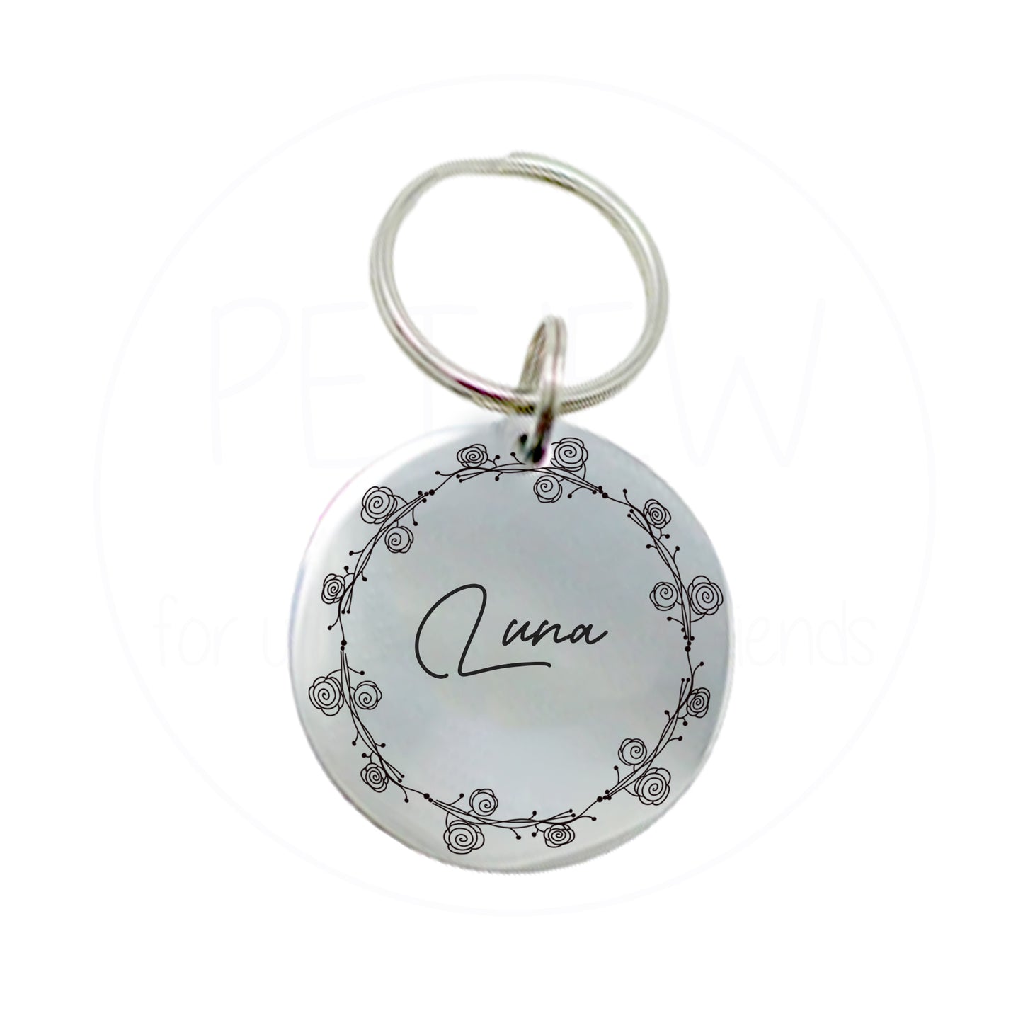 Çiçek Desenli ve Etrafı İşlemeli Evcil Hayvan İsimlik | Kedi ve Köpek Künyesi-petjew-kisiye-ozel-hatira-takilari